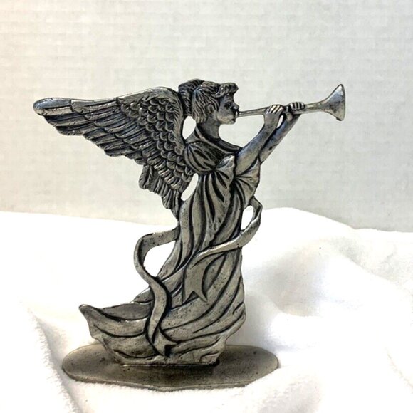 Vintage Silver Metal Horn Blowing Angel Standing Figure - Picture 2 of 5